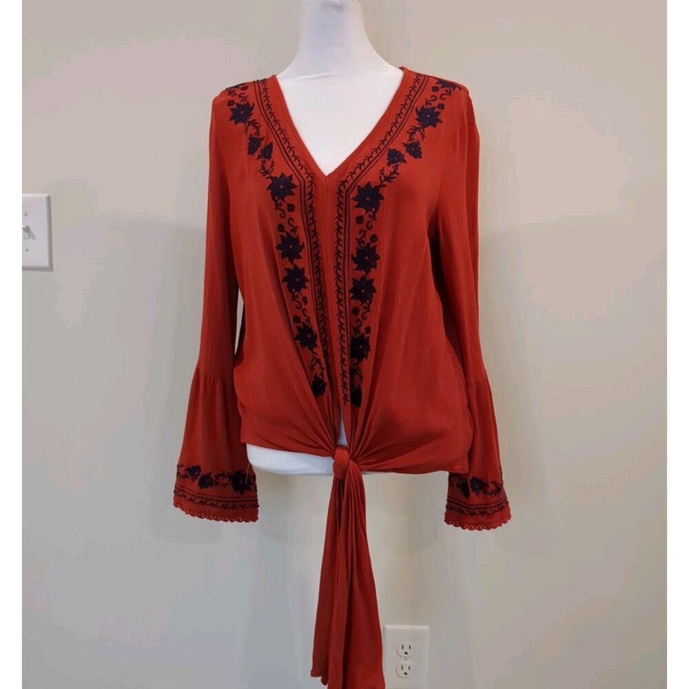 Altar'd State Women L Orange Blue Whimsigoth Embroidery Gauzy Tie Waist Top Boho